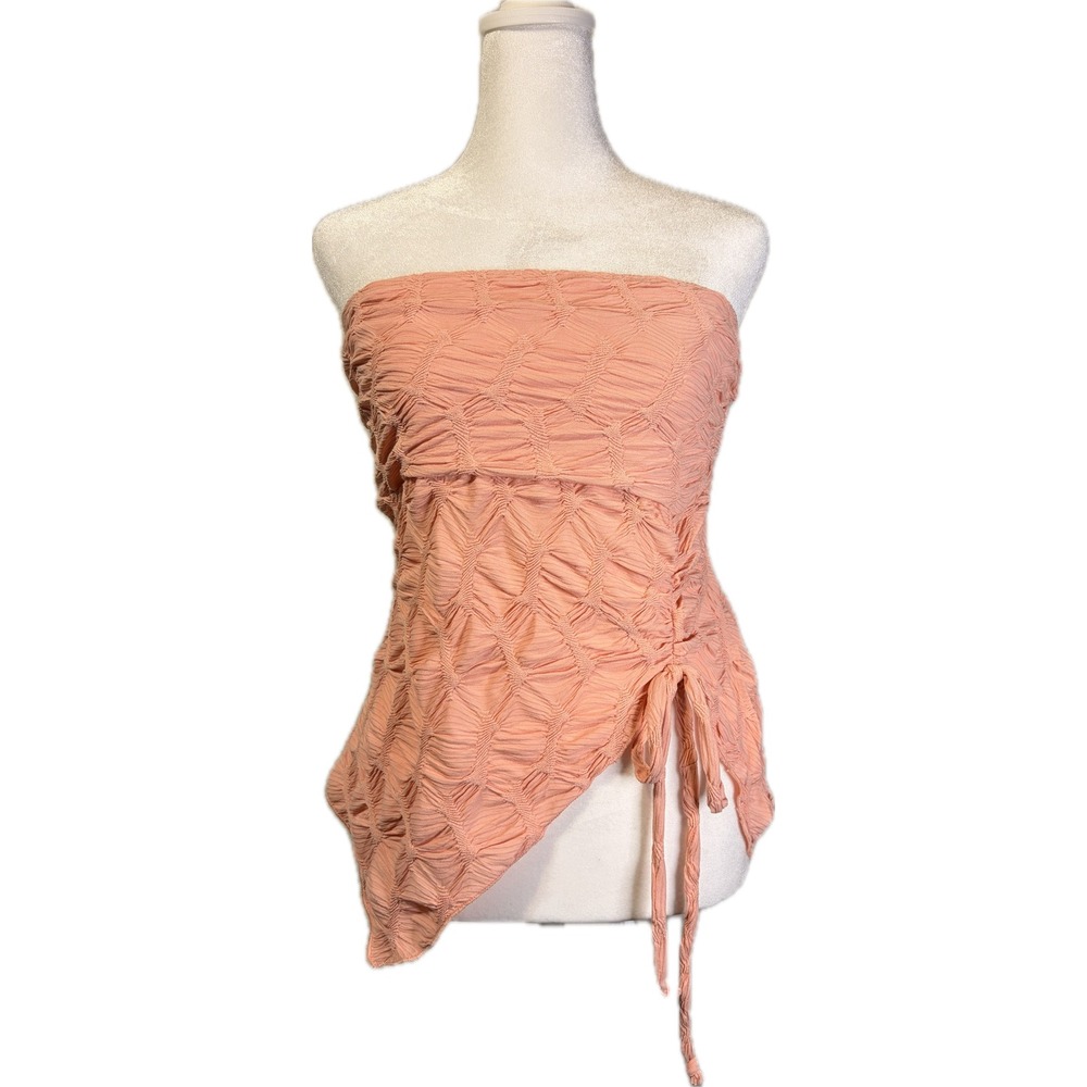 Y2K Boho Peach Textured Smocked Asymmetrical Top XL Festival Romantic